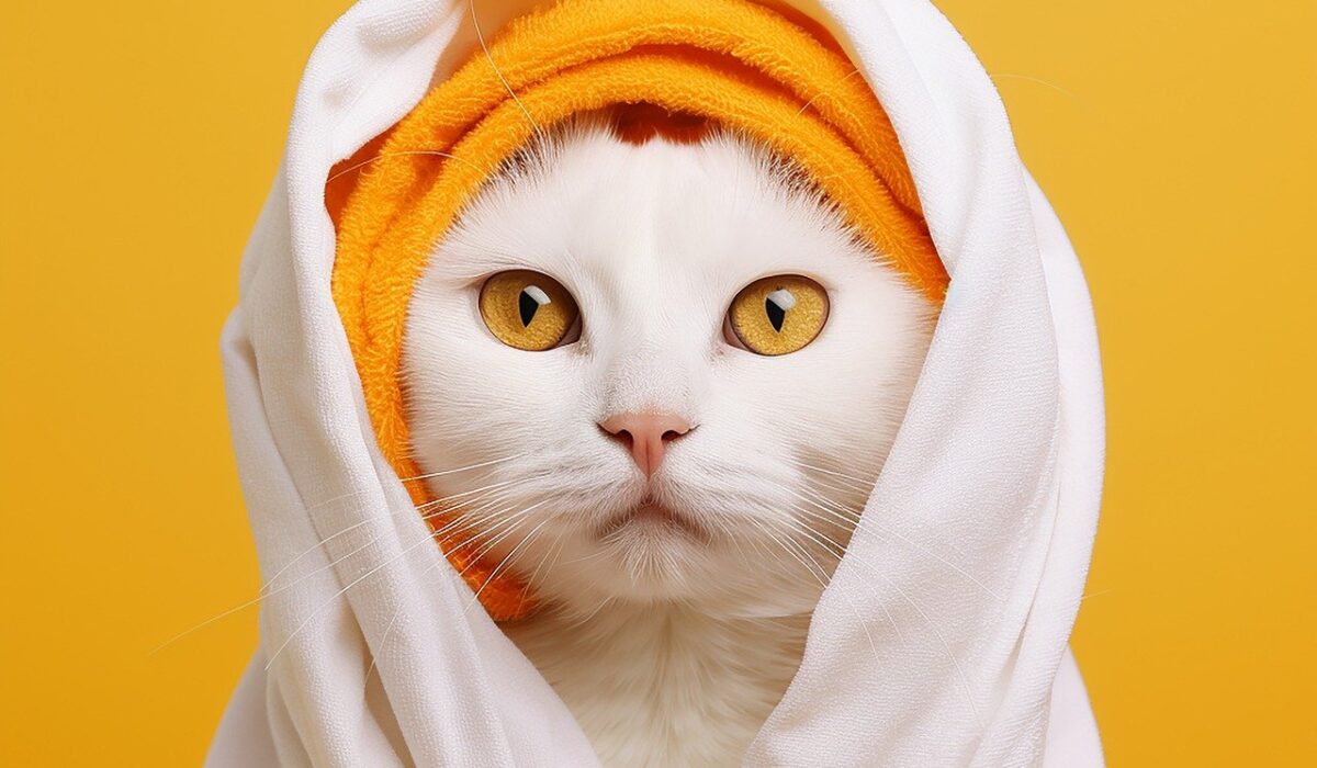 A white cat with a towel on its head.