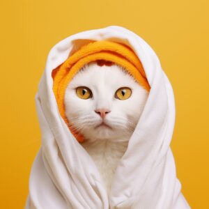 A white cat with a towel on its head.