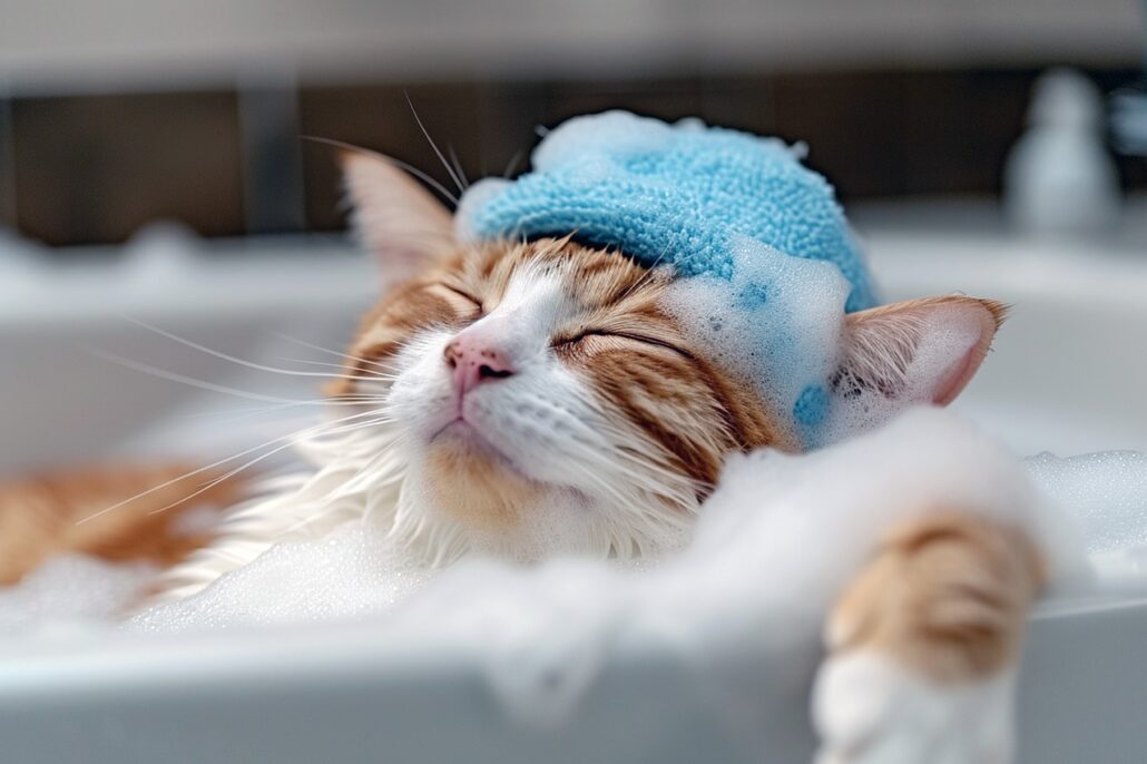 An orange cat getting a bath.