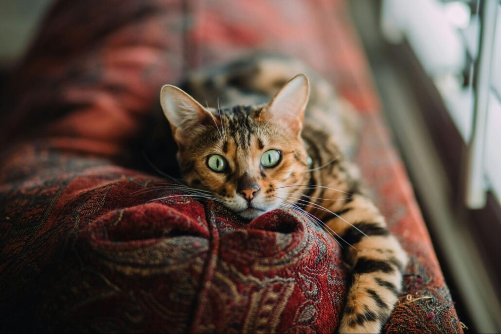 A tabby cat lounging on a couch.